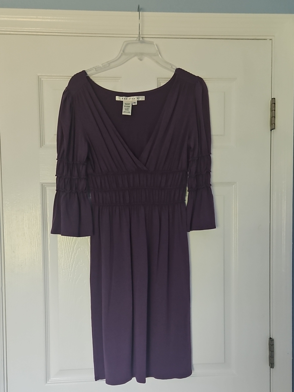 Max Studio Purple Smocked Waist & Sleeves Midi Dress V Neck Very Flattering